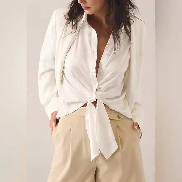 Anthropologie Hutch tie front satin blouse. Button down, lapel collar. Size 1X - Picture 3 of 12